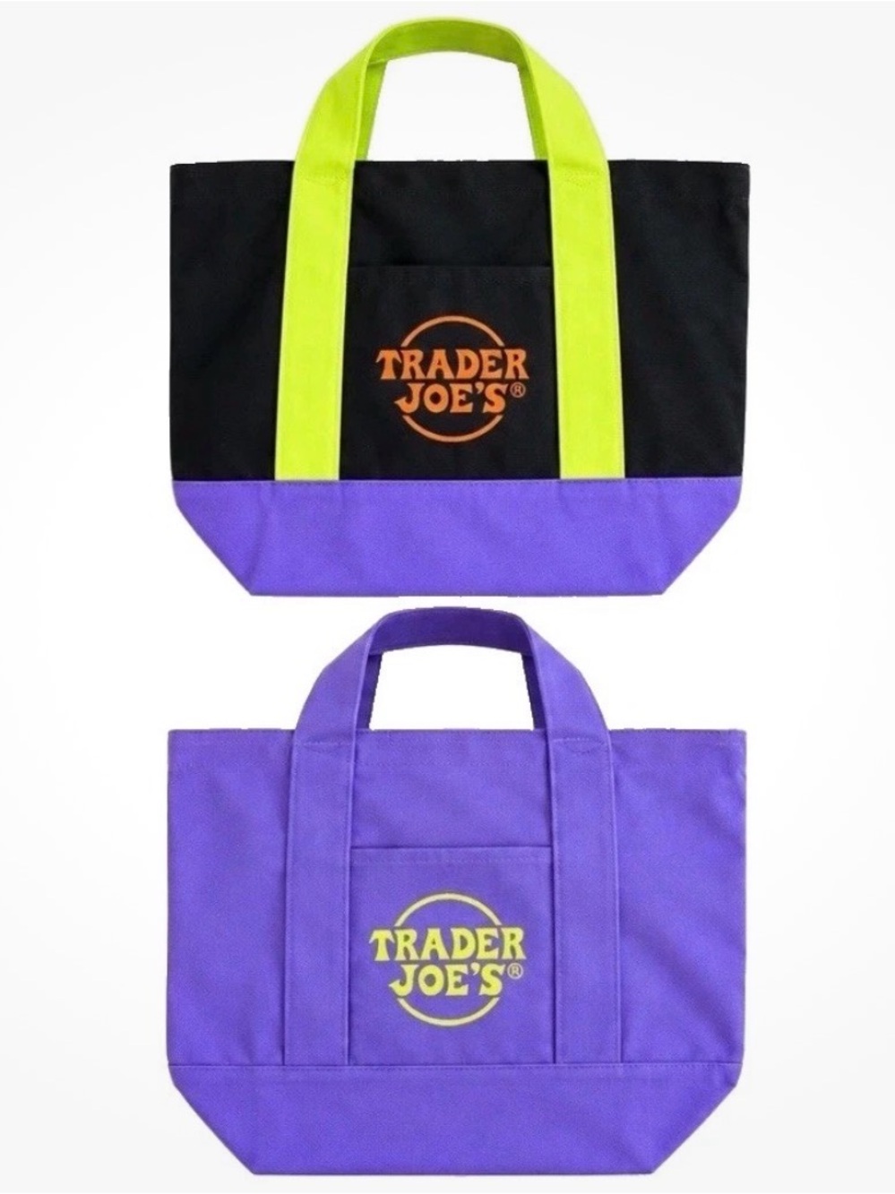 Trader Joe's HALLOWEEN 2 Mini Canvas Tote Bags Purple & Black/Neon Green NEW🎃💜🖤💚